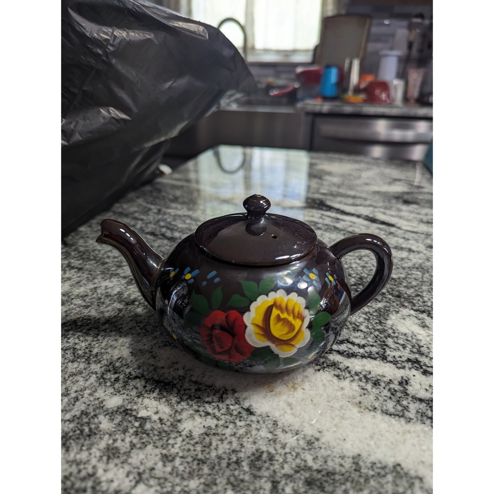 Vintage Redware Japanese Tea Pot Mid Century Brown With Forgot Me Not Flowers